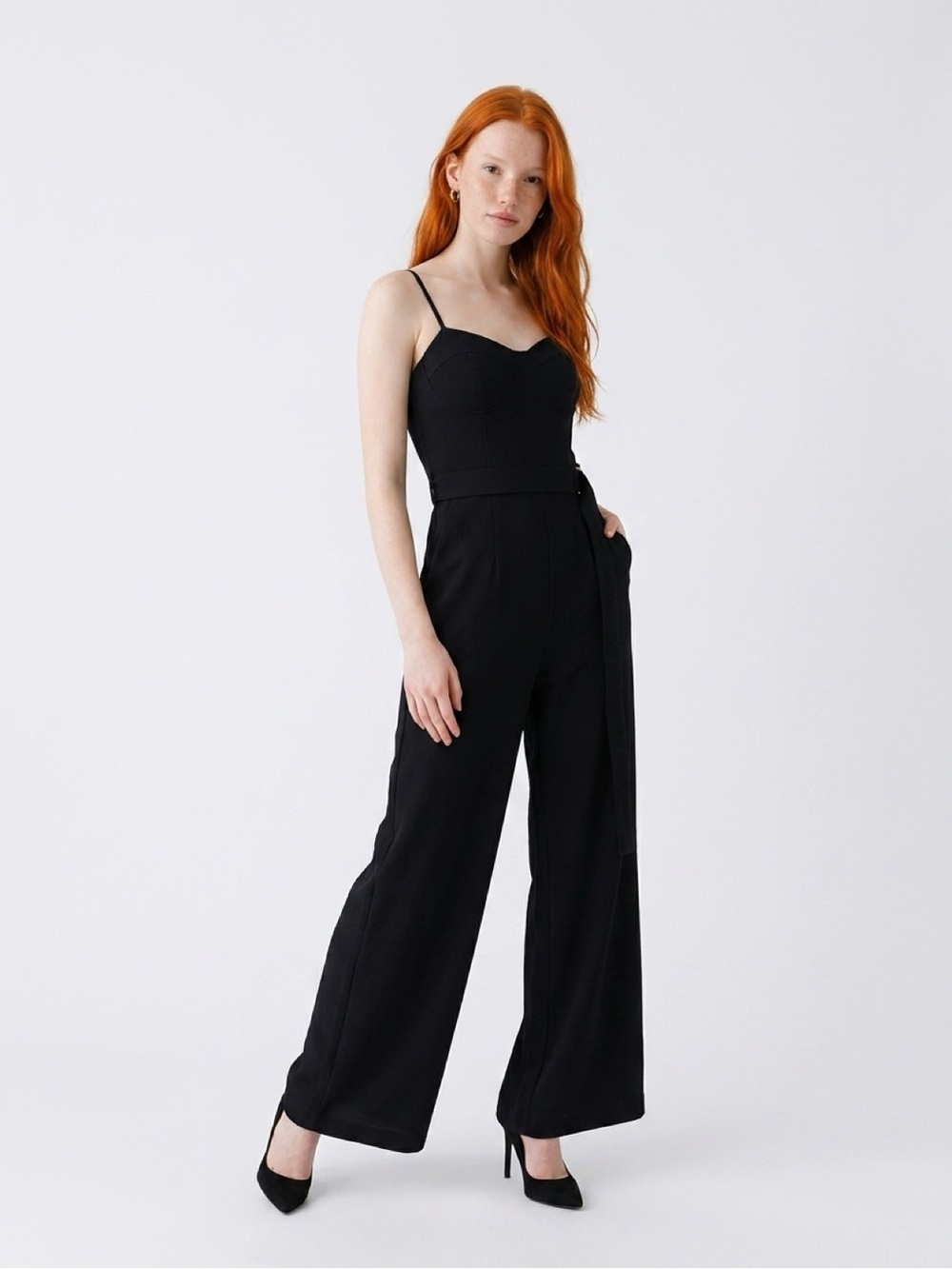 Wayf Black Wide-Leg Spaghetti Strap Jumpsuit